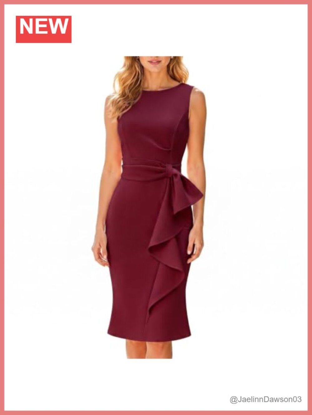 Sleeveless Bodycon Midi Dress with Bow Belt Crew Neck Mermaid Ruffle